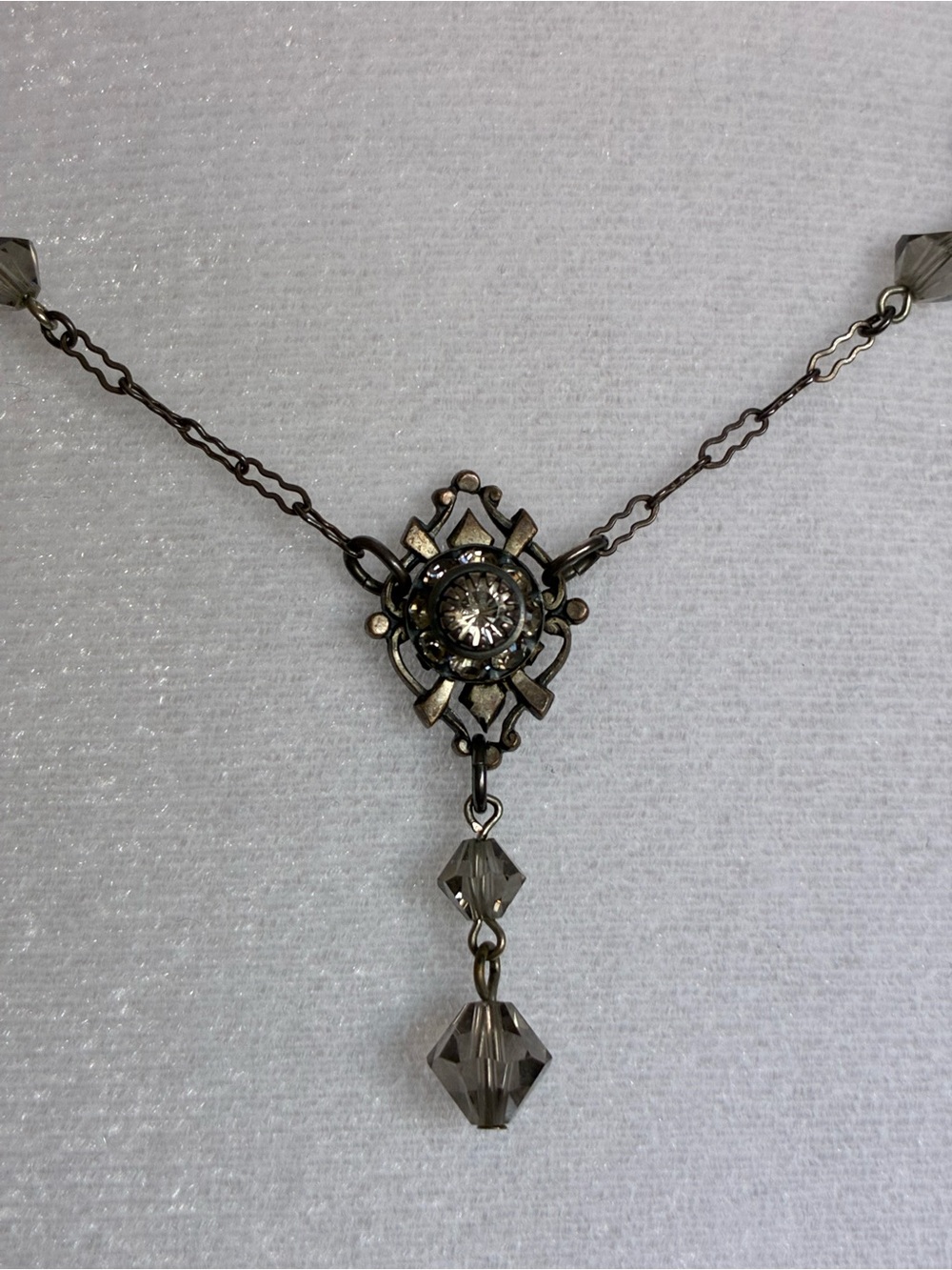Vintage Silver Filigree Drop Necklace - Gray Crystal Accents - Picture 3 of 5
